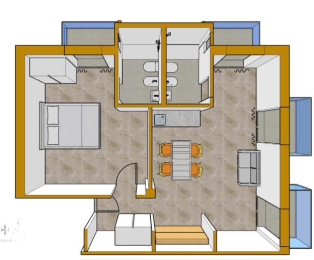 Appartamento con una camera, bagno, cucina e soggiorno open space, arredamento moderno.
